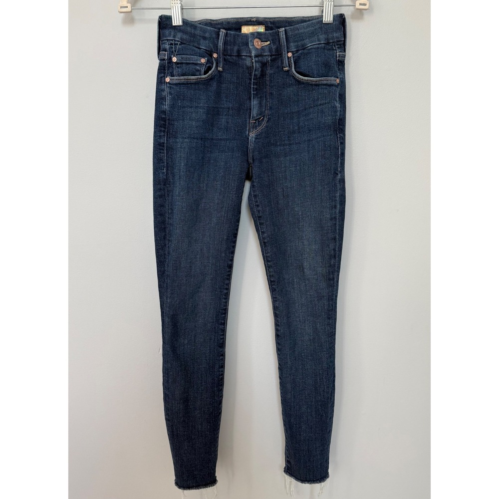 Mother Looker Ankle Fray Girl Crush Skinny Jeans Dark Blue Raw Hem Size 24